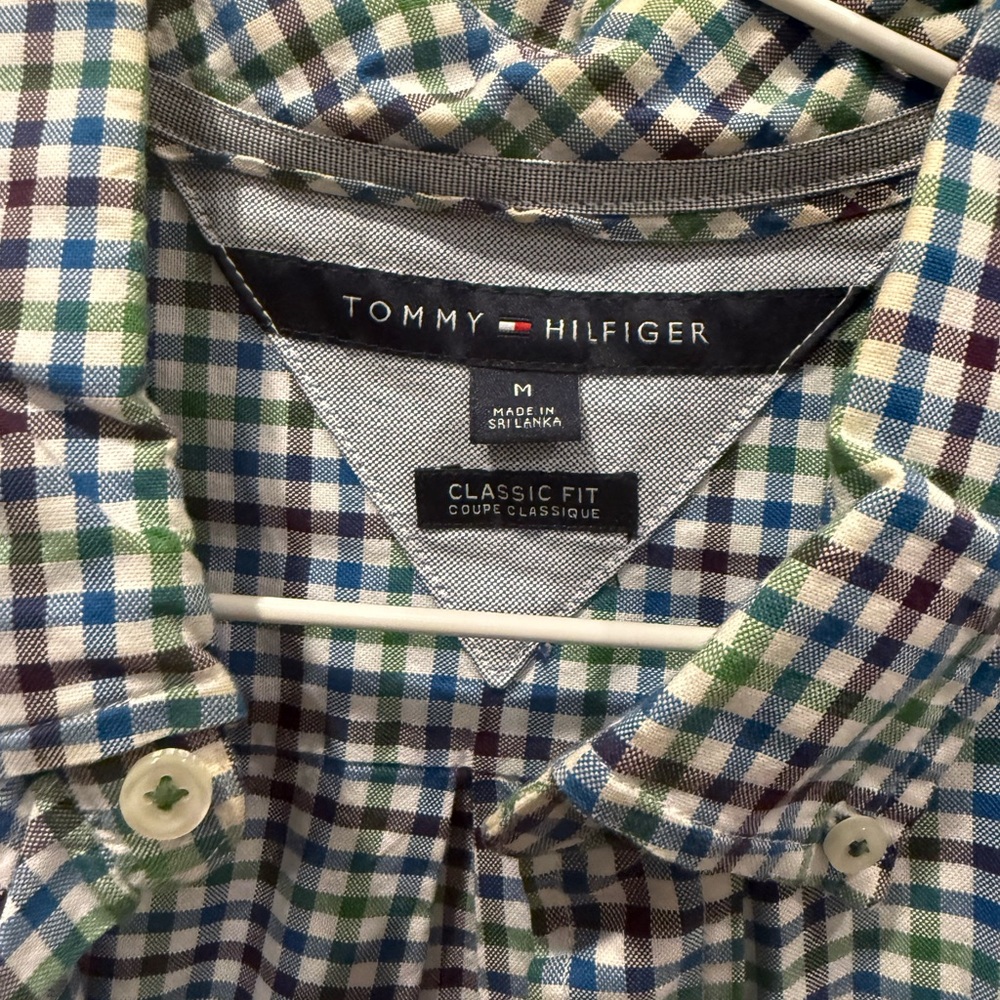 Tommy Hilfiger Shirt Mens Medium Green Blue Check Gingham Pockets Long Sleeve